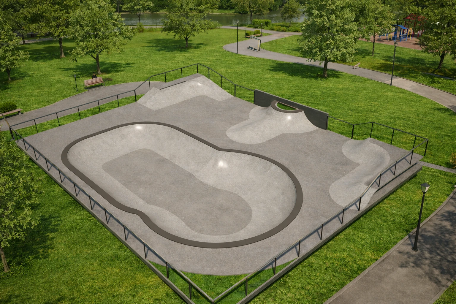 Bowl e Flow do Vale Skatepark - pista de skate construída pela Overall Engenharia